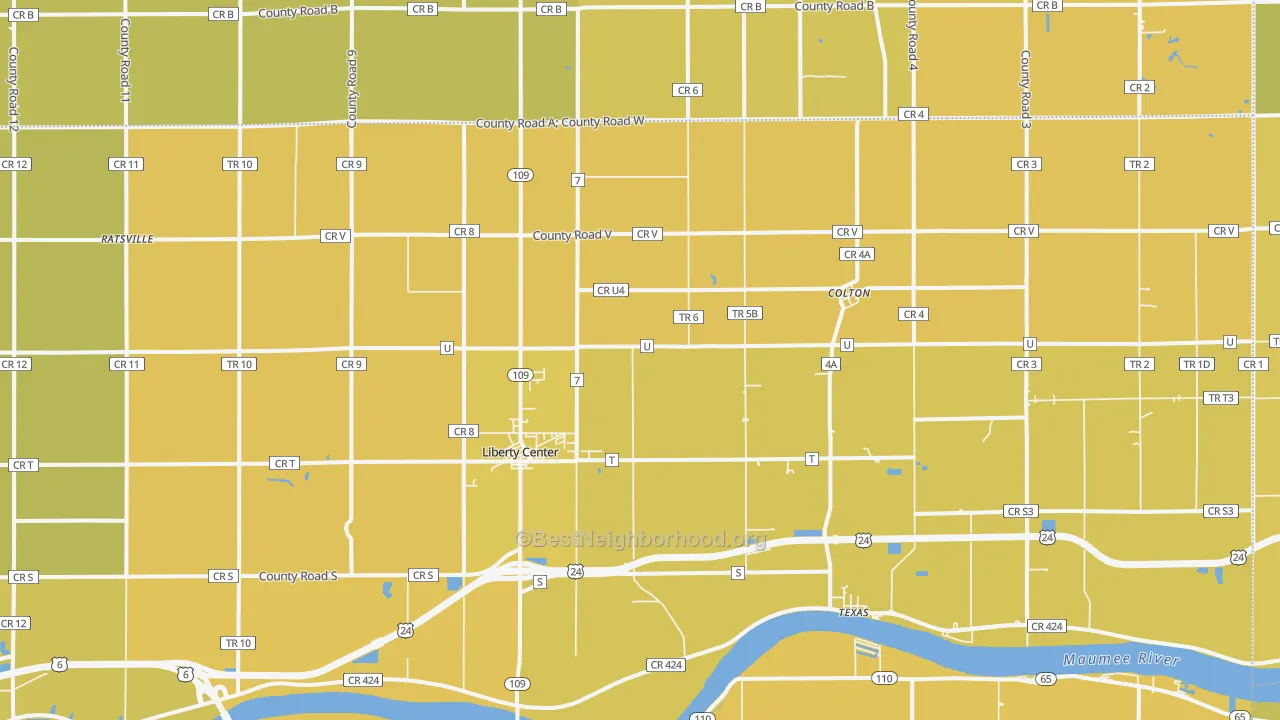 Map of the best neighborhoods in the Liberty Center area, with better matches in green and worse matches in red