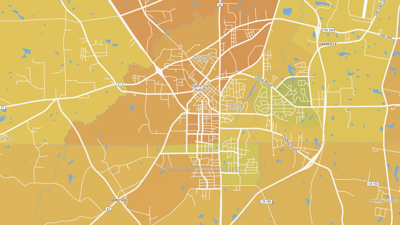 Map of the best neighborhoods in the Liberty City area, with better matches in green and worse matches in red