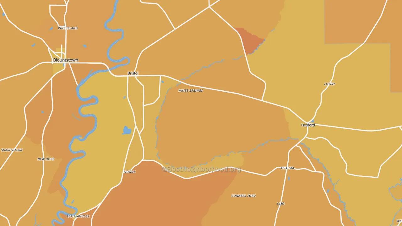 Map of the best neighborhoods in the Liberty County area, with better matches in green and worse matches in red