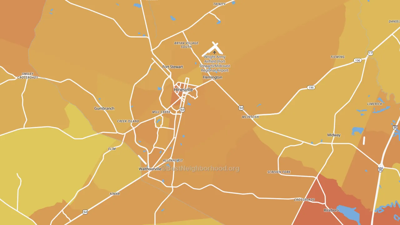 Map of the best neighborhoods in the Liberty County area, with better matches in green and worse matches in red