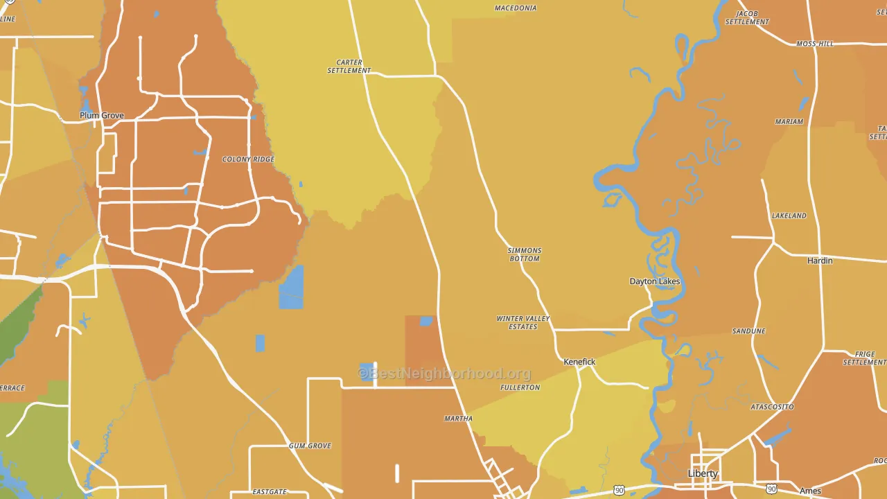 Map of the best neighborhoods in the Liberty County area, with better matches in green and worse matches in red