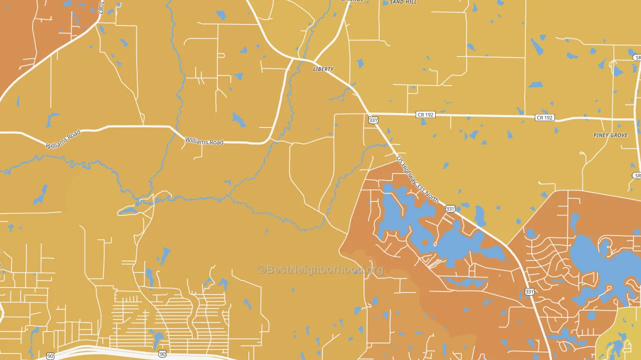 Map of the best neighborhoods in the Liberty area, with better matches in green and worse matches in red