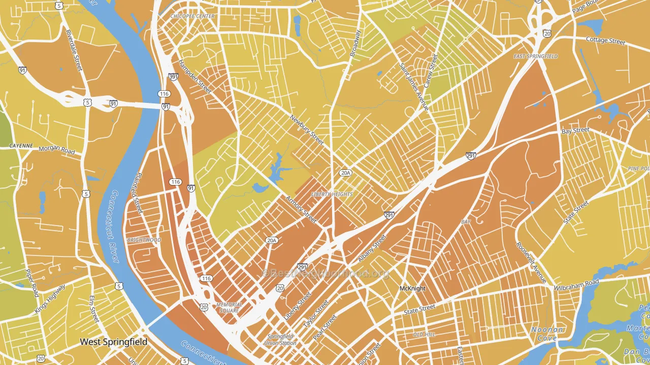 Map of the best neighborhoods in the Liberty Heights, Springfield area, with better matches in green and worse matches in red