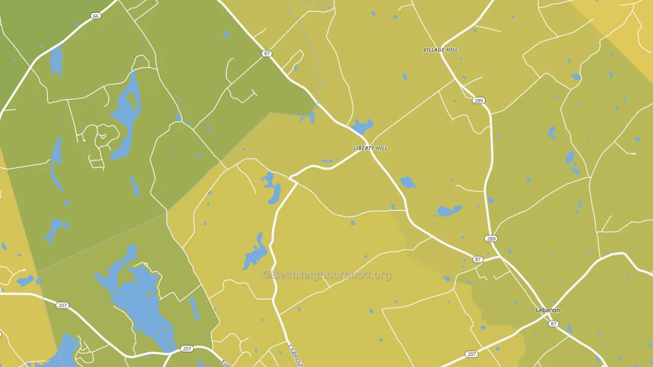 Map of the best neighborhoods in the Liberty Hill area, with better matches in green and worse matches in red