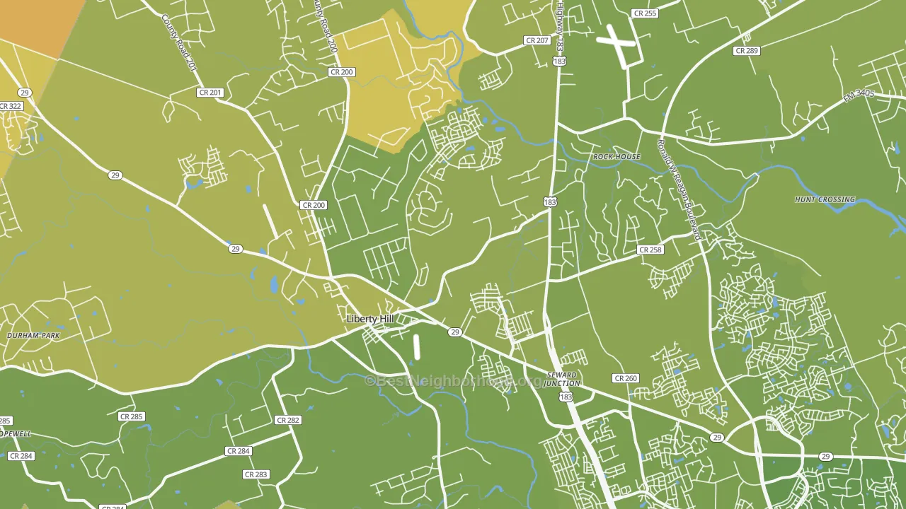 Map of the best neighborhoods in the Liberty Hill area, with better matches in green and worse matches in red