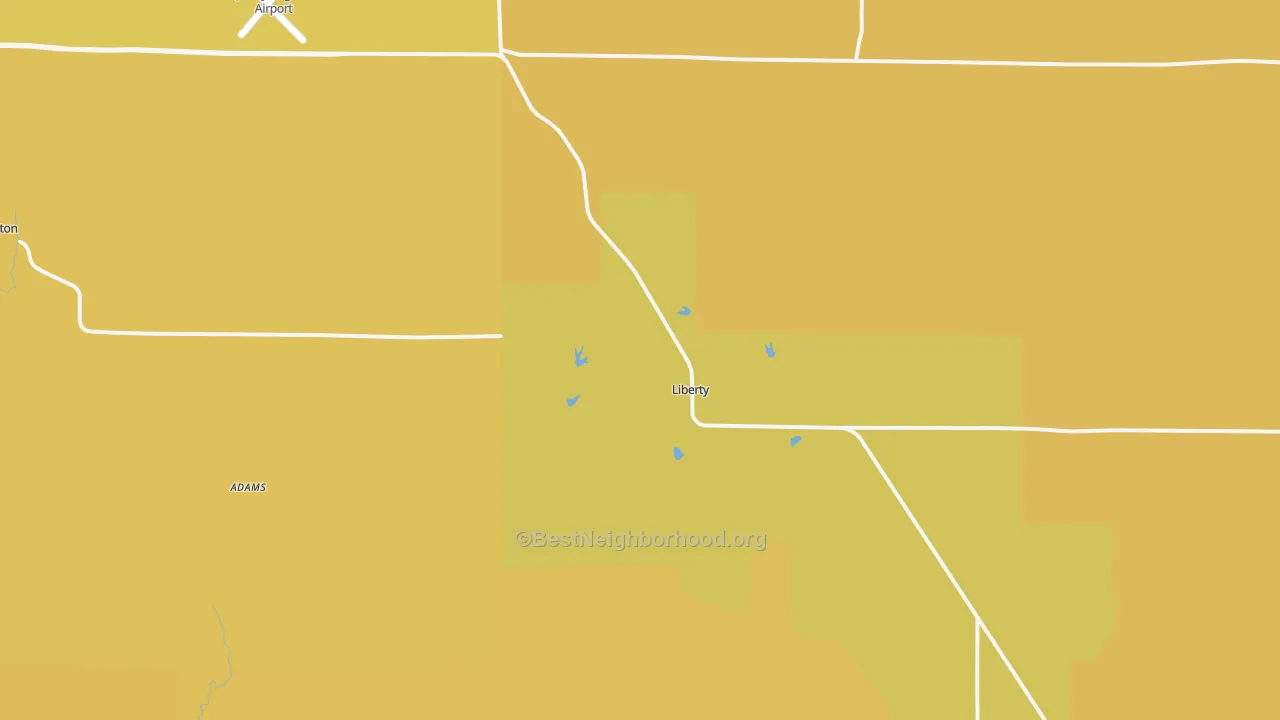 Map of the best neighborhoods in the Liberty area, with better matches in green and worse matches in red