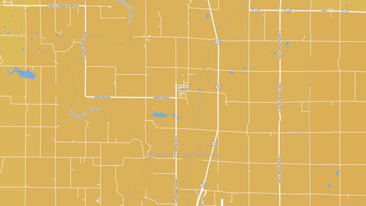 Map of the best neighborhoods in the Liberty area, with better matches in green and worse matches in red