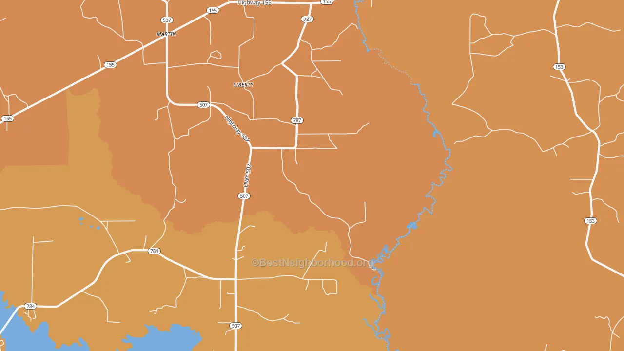 Map of the best neighborhoods in the Liberty area, with better matches in green and worse matches in red