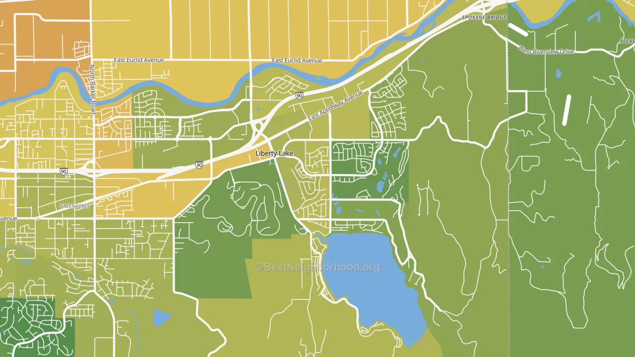Map of the best neighborhoods in the Liberty Lake area, with better matches in green and worse matches in red