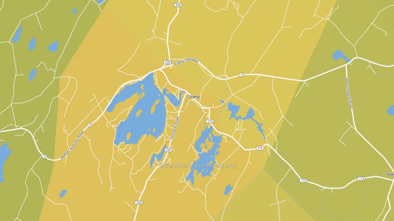 Map of the best neighborhoods in the Liberty area, with better matches in green and worse matches in red