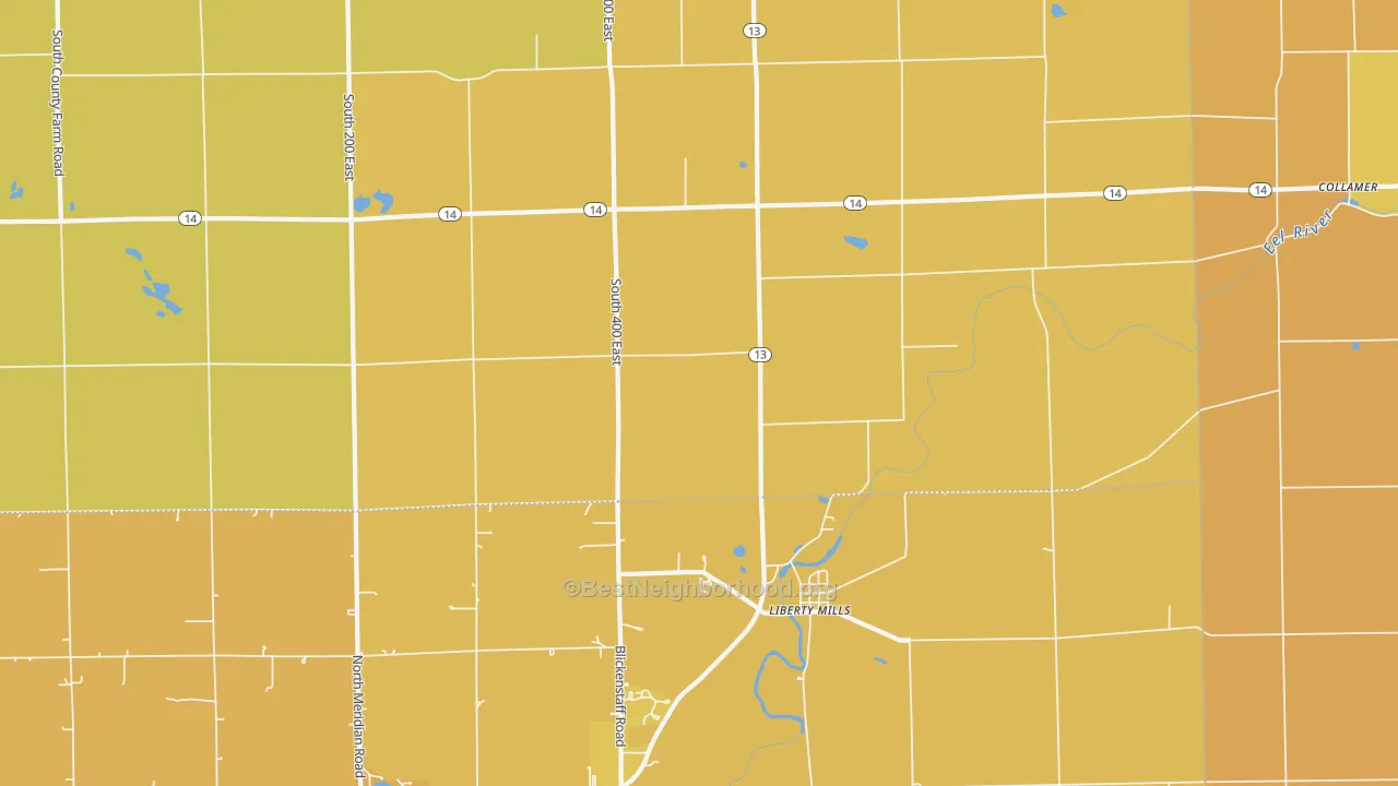 Map of the best neighborhoods in the Liberty Mills area, with better matches in green and worse matches in red