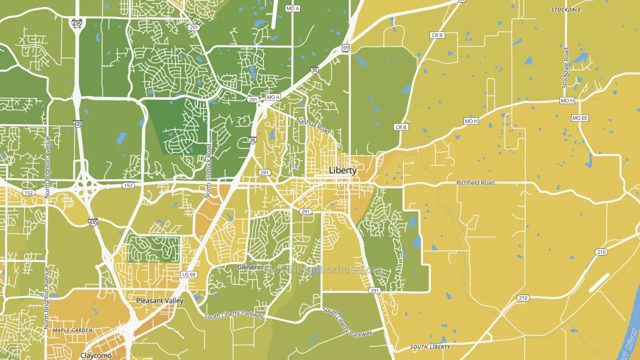 Map of the best neighborhoods in the Liberty area, with better matches in green and worse matches in red