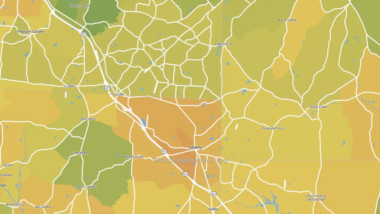Map of the best neighborhoods in the Liberty area, with better matches in green and worse matches in red