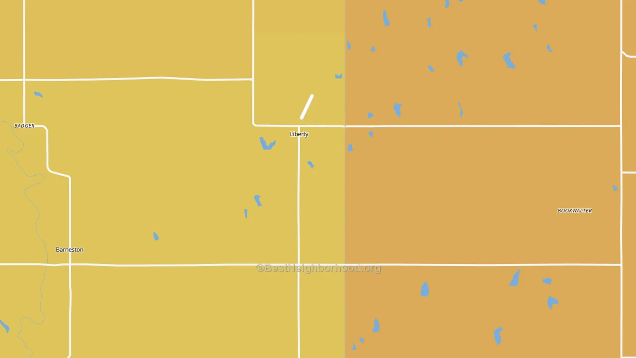 Map of the best neighborhoods in the Liberty area, with better matches in green and worse matches in red