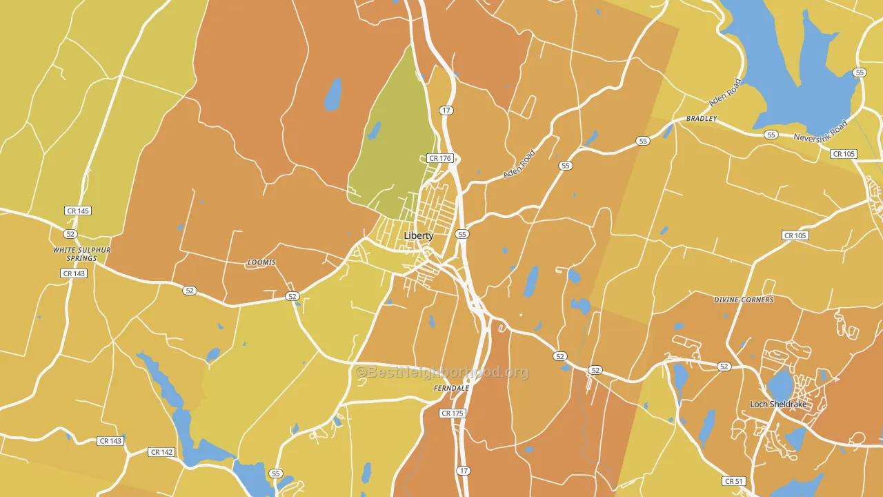 Map of the best neighborhoods in the Liberty area, with better matches in green and worse matches in red