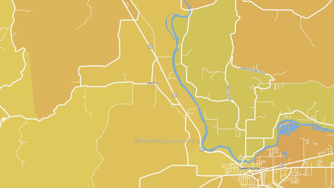 Map of the best neighborhoods in the Liberty area, with better matches in green and worse matches in red