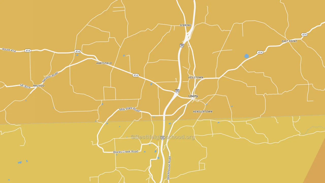 Map of the best neighborhoods in the Liberty area, with better matches in green and worse matches in red