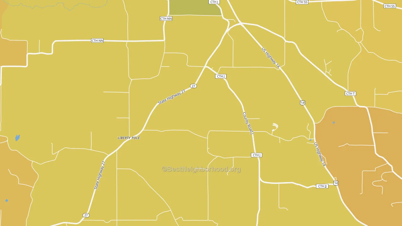 Map of the best neighborhoods in the Liberty Pole area, with better matches in green and worse matches in red