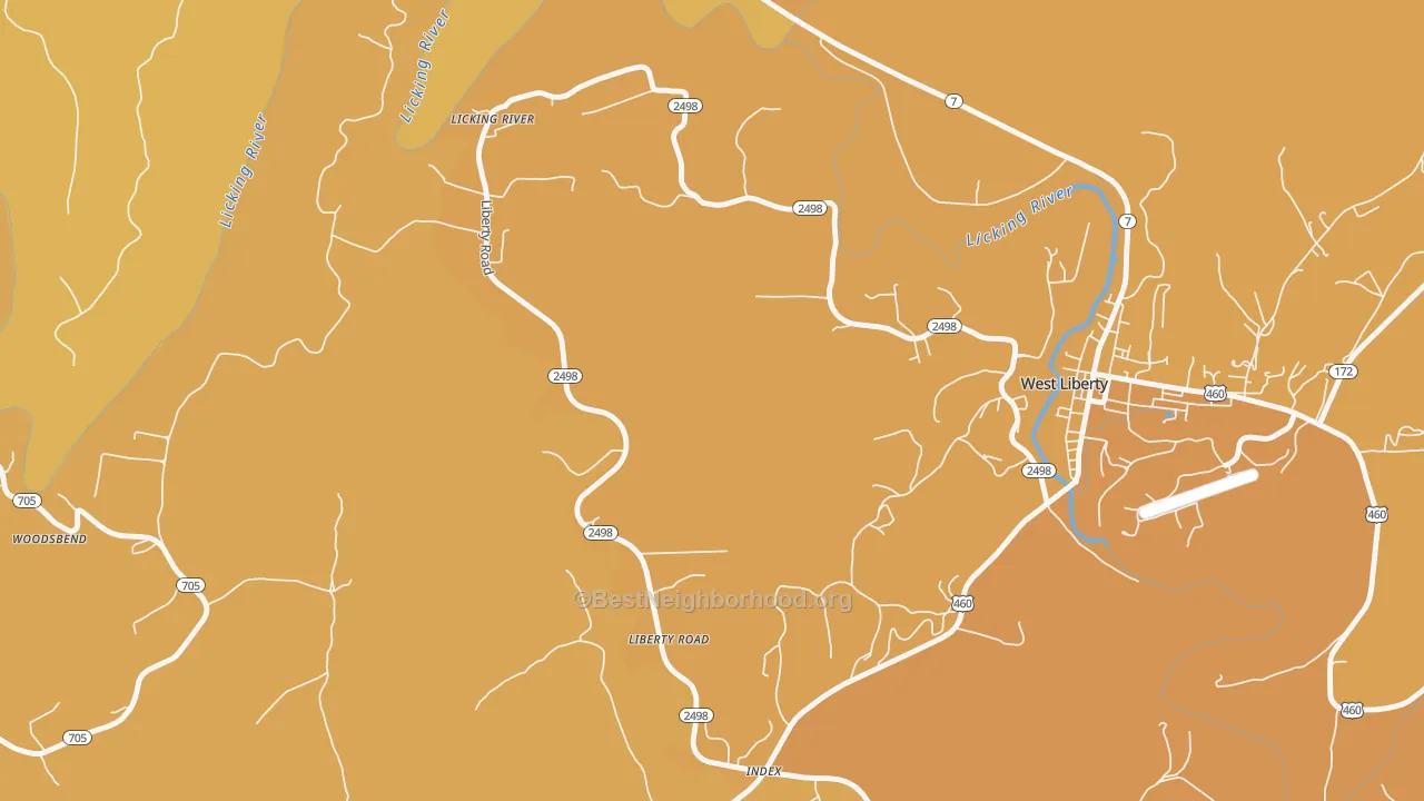 Map of the best neighborhoods in the Liberty Road area, with better matches in green and worse matches in red