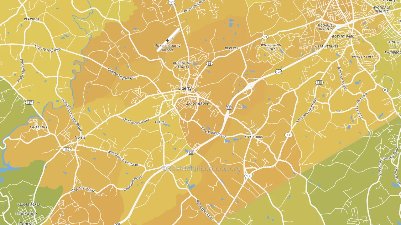 Map of the best neighborhoods in the Liberty area, with better matches in green and worse matches in red