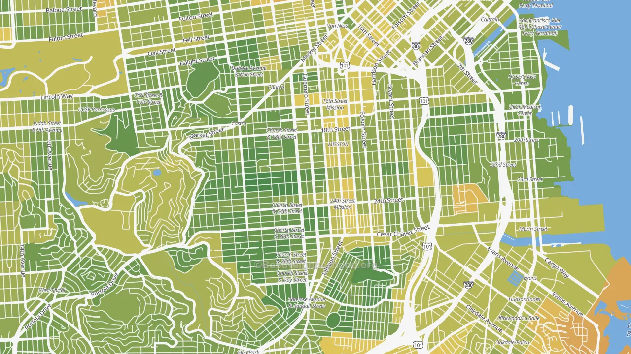 Map of the best neighborhoods in the Liberty Street Historic District, San Francisco area, with better matches in green and worse matches in red