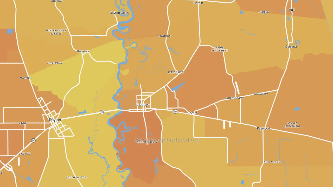 Map of the best neighborhoods in the Liberty area, with better matches in green and worse matches in red