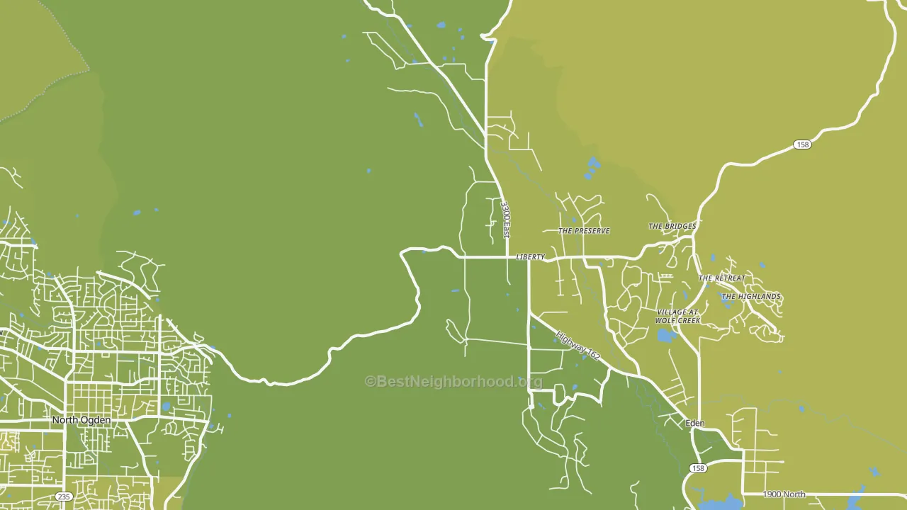 Map of the best neighborhoods in the Liberty area, with better matches in green and worse matches in red