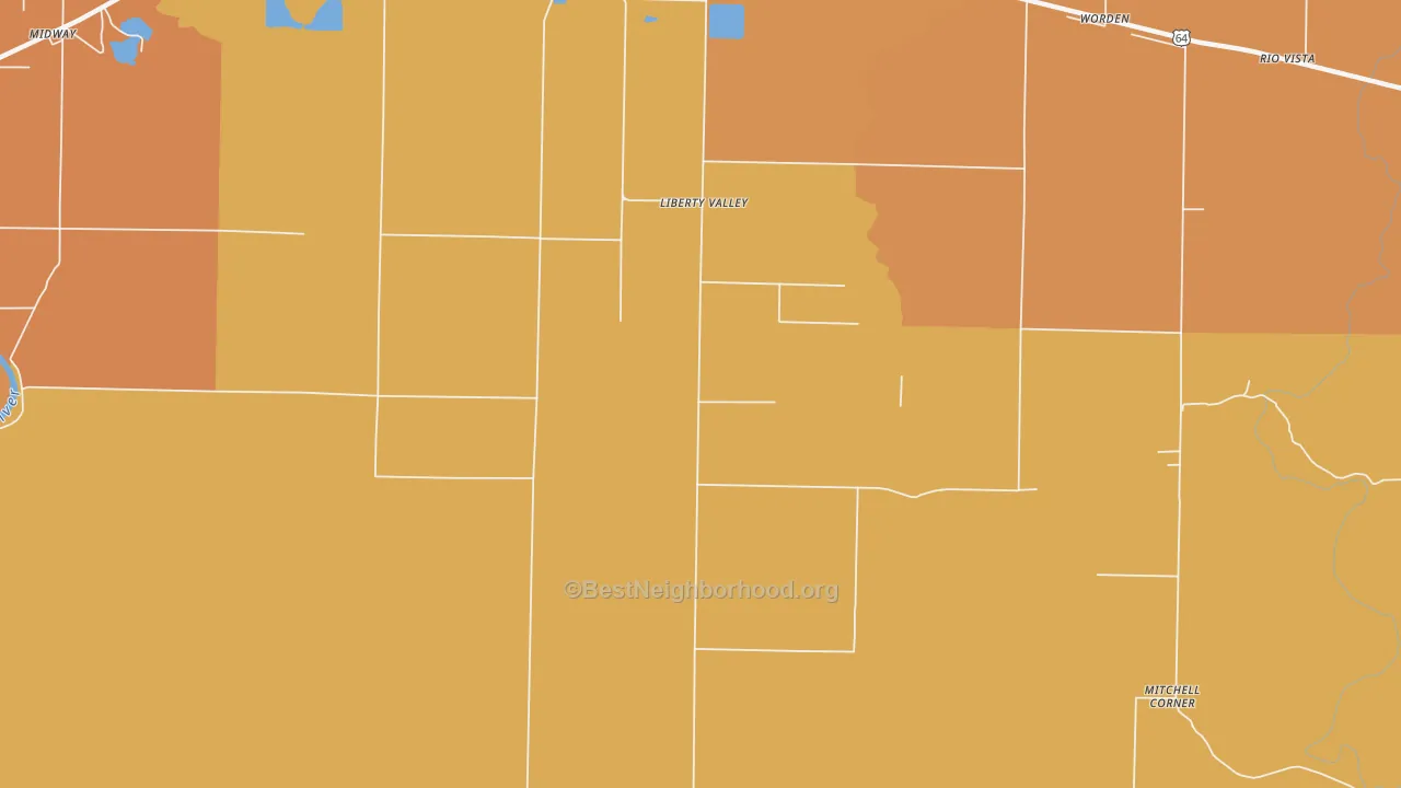 Map of the best neighborhoods in the Liberty Valley area, with better matches in green and worse matches in red