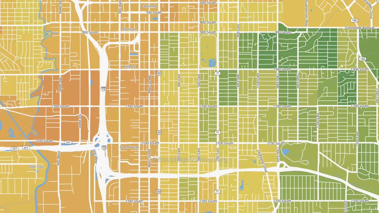 Map of the best neighborhoods in the Liberty Wells, Salt Lake City area, with better matches in green and worse matches in red