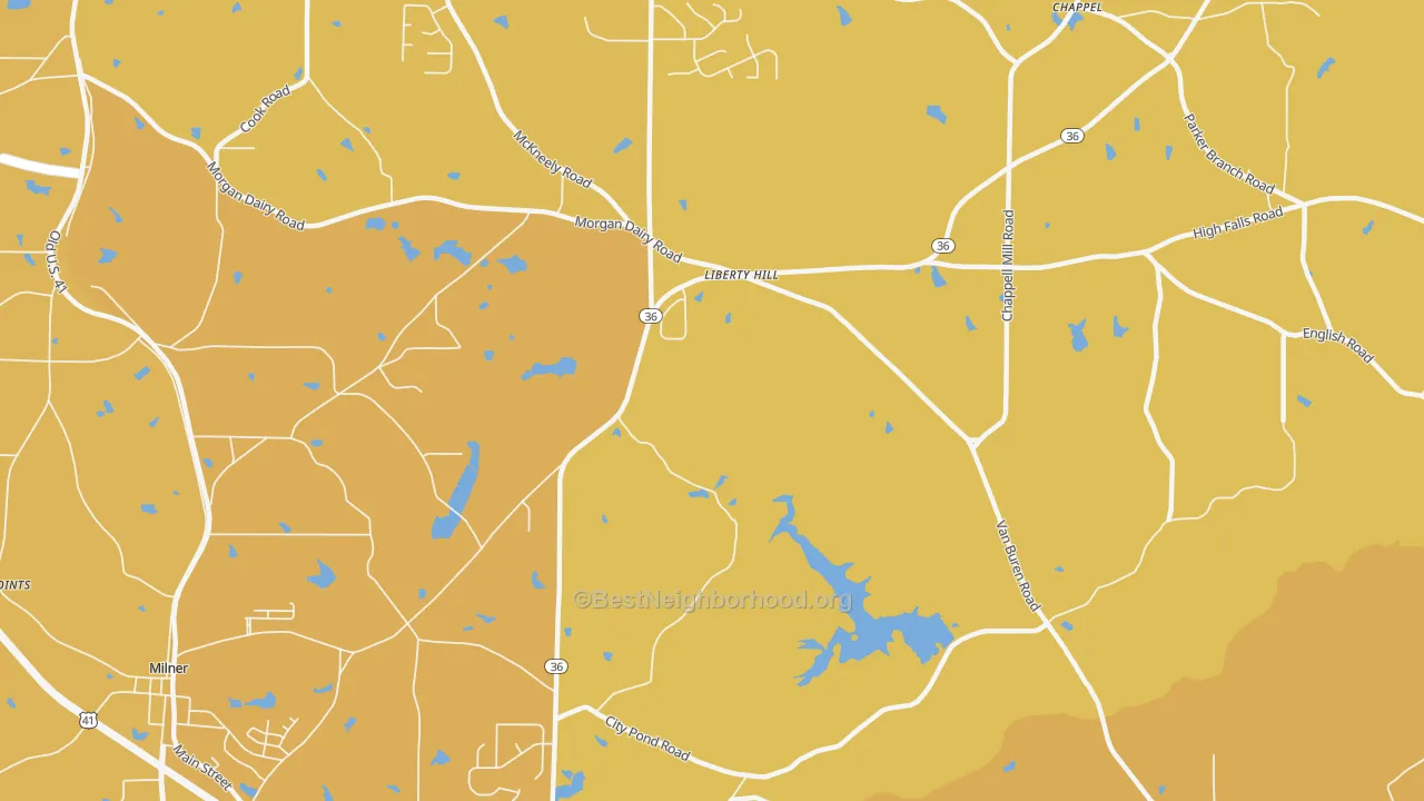 Map of the best neighborhoods in the Libertyhill area, with better matches in green and worse matches in red