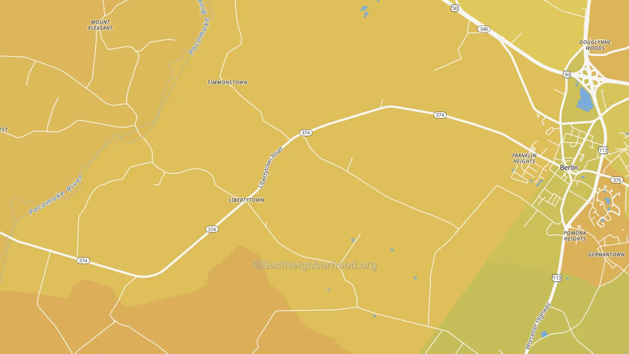 Map of the best neighborhoods in the Libertytown area, with better matches in green and worse matches in red