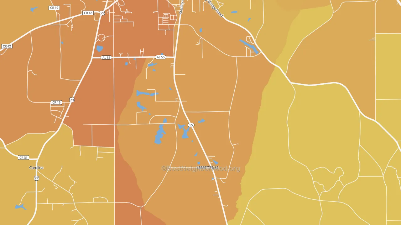 Map of the best neighborhoods in the Libertyville area, with better matches in green and worse matches in red