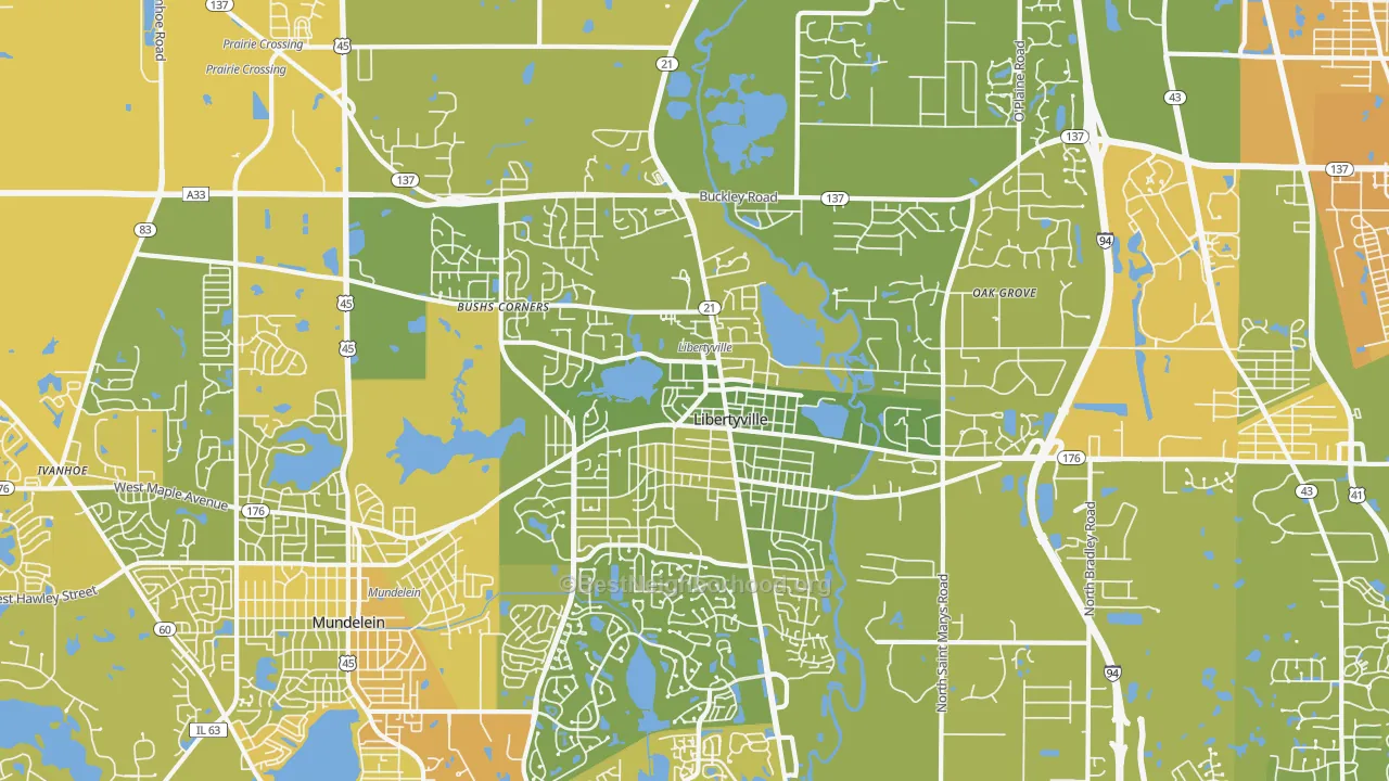 Map of the best neighborhoods in the Libertyville area, with better matches in green and worse matches in red
