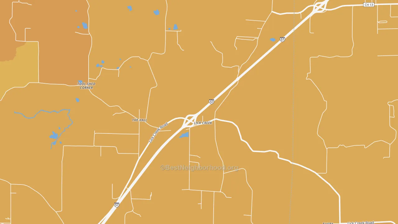 Map of the best neighborhoods in the Lick Creek area, with better matches in green and worse matches in red