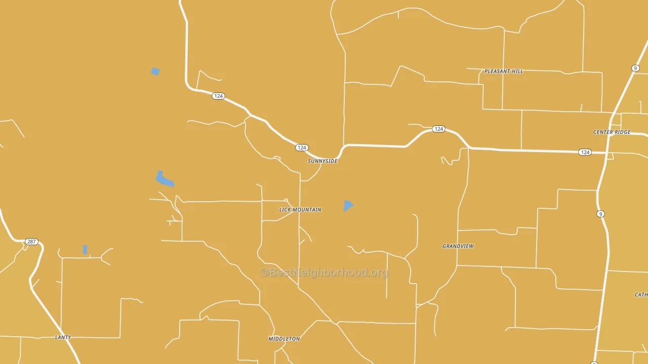 Map of the best neighborhoods in the Lick Mountain area, with better matches in green and worse matches in red