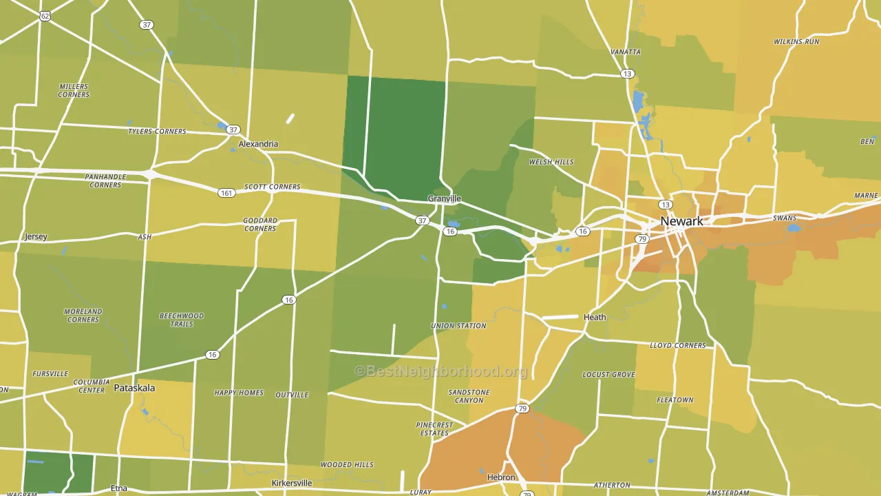 Map of the best neighborhoods in the Licking County area, with better matches in green and worse matches in red
