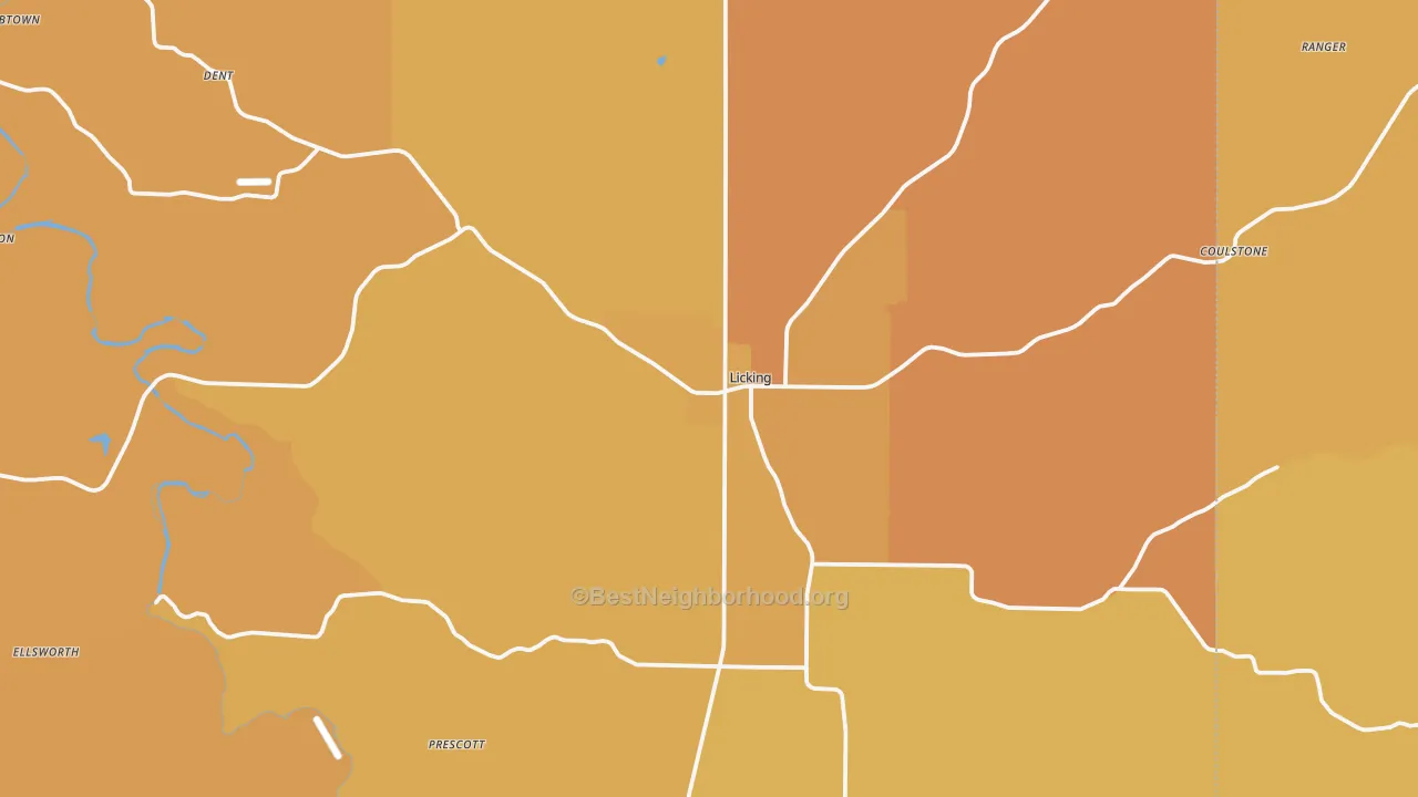Map of the best neighborhoods in the Licking area, with better matches in green and worse matches in red
