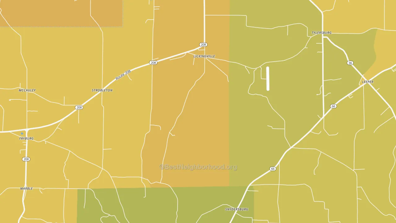 Map of the best neighborhoods in the Lickingville area, with better matches in green and worse matches in red