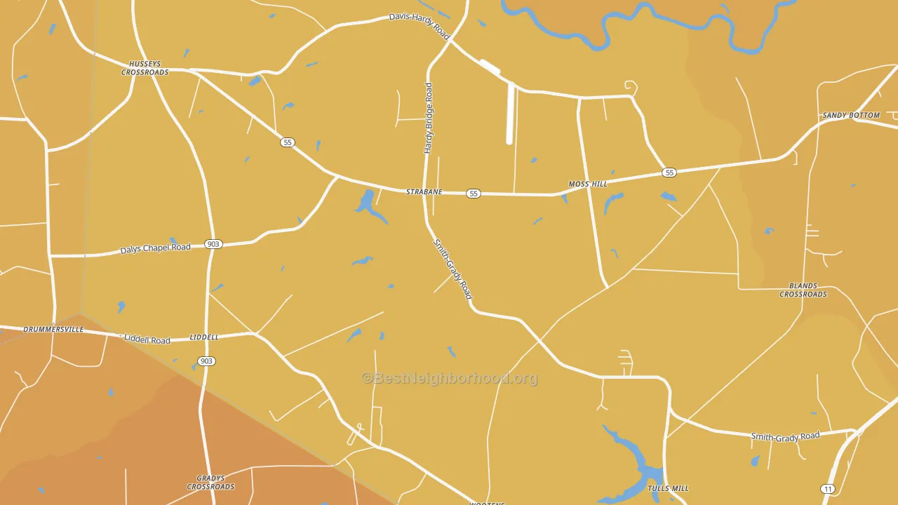 Map of the best neighborhoods in the Liddell area, with better matches in green and worse matches in red