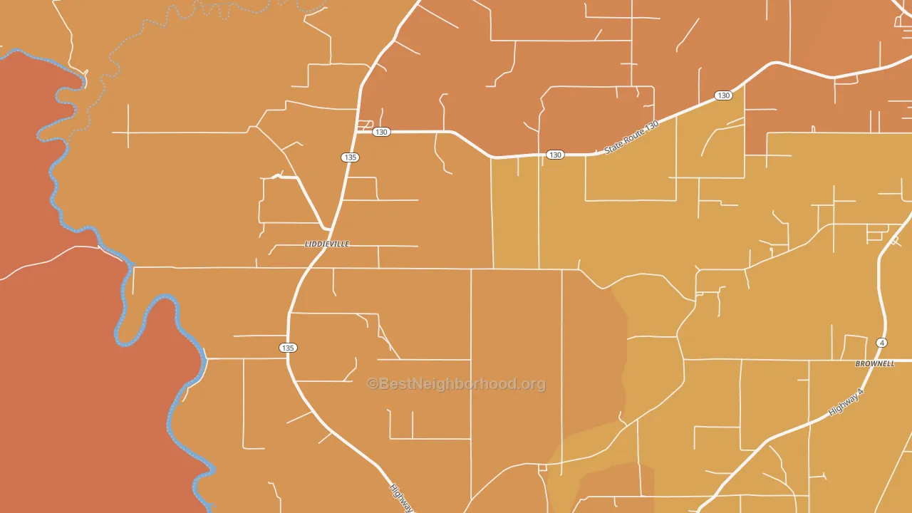 Map of the best neighborhoods in the Liddieville area, with better matches in green and worse matches in red