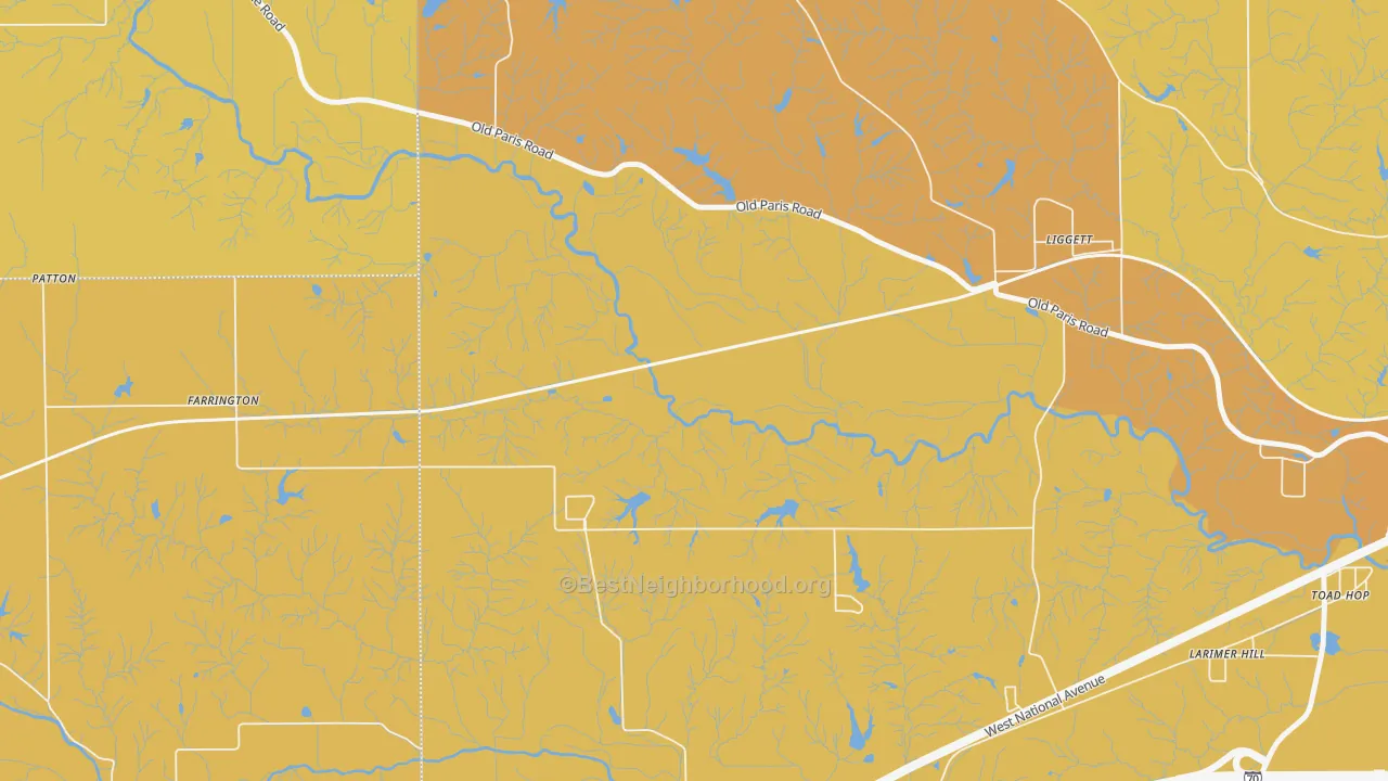 Map of the best neighborhoods in the Liggett area, with better matches in green and worse matches in red
