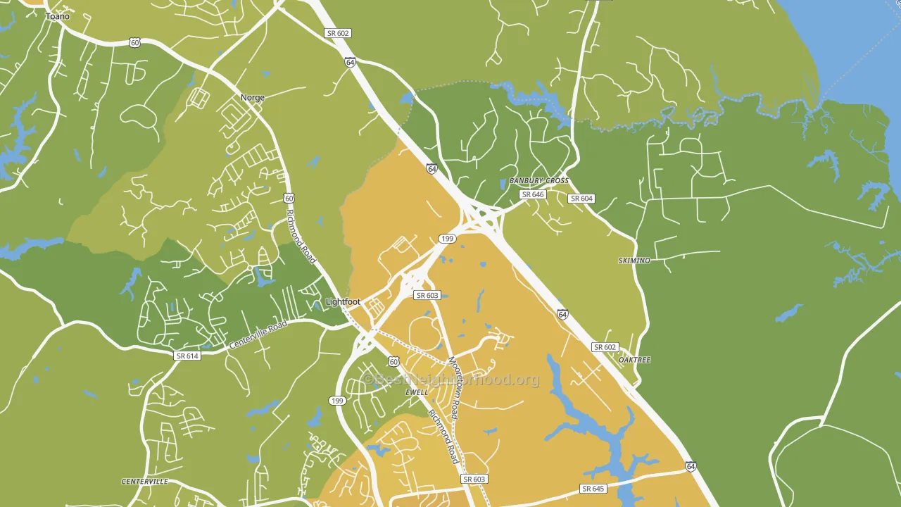 Map of the best neighborhoods in the Lightfoot area, with better matches in green and worse matches in red