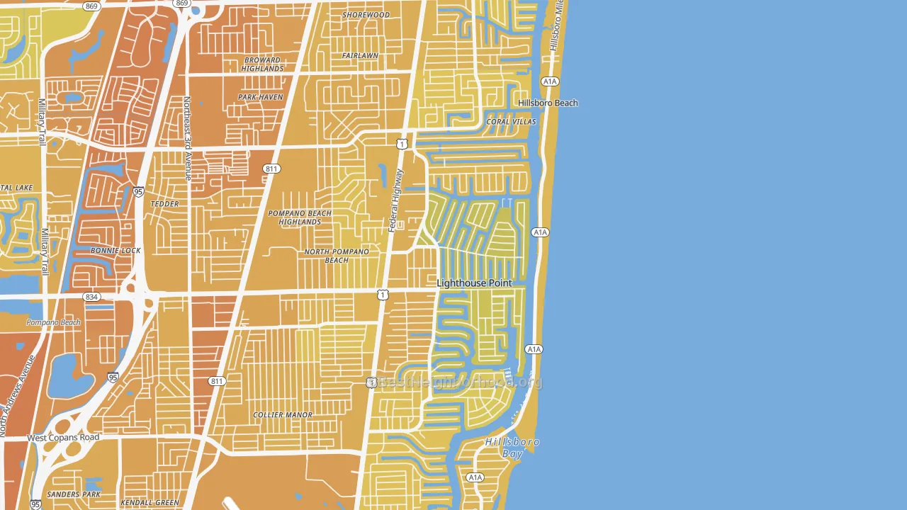 Map of the best neighborhoods in the Lighthouse Point area, with better matches in green and worse matches in red