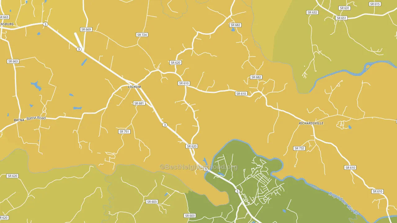 Map of the best neighborhoods in the Lignum area, with better matches in green and worse matches in red