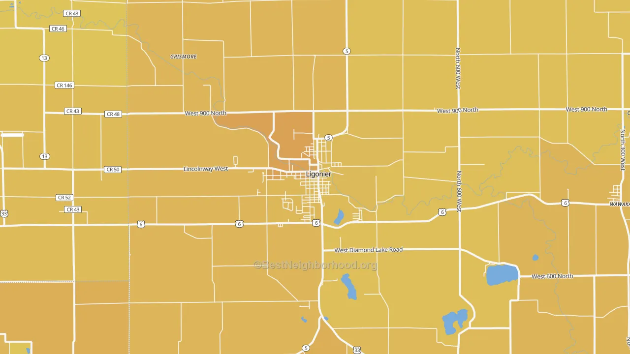 Map of the best neighborhoods in the Ligonier area, with better matches in green and worse matches in red