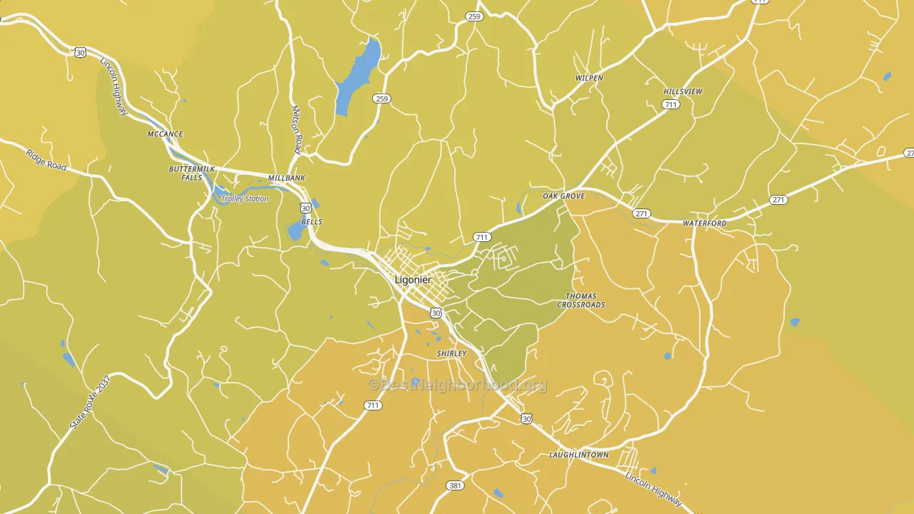 Map of the best neighborhoods in the Ligonier area, with better matches in green and worse matches in red
