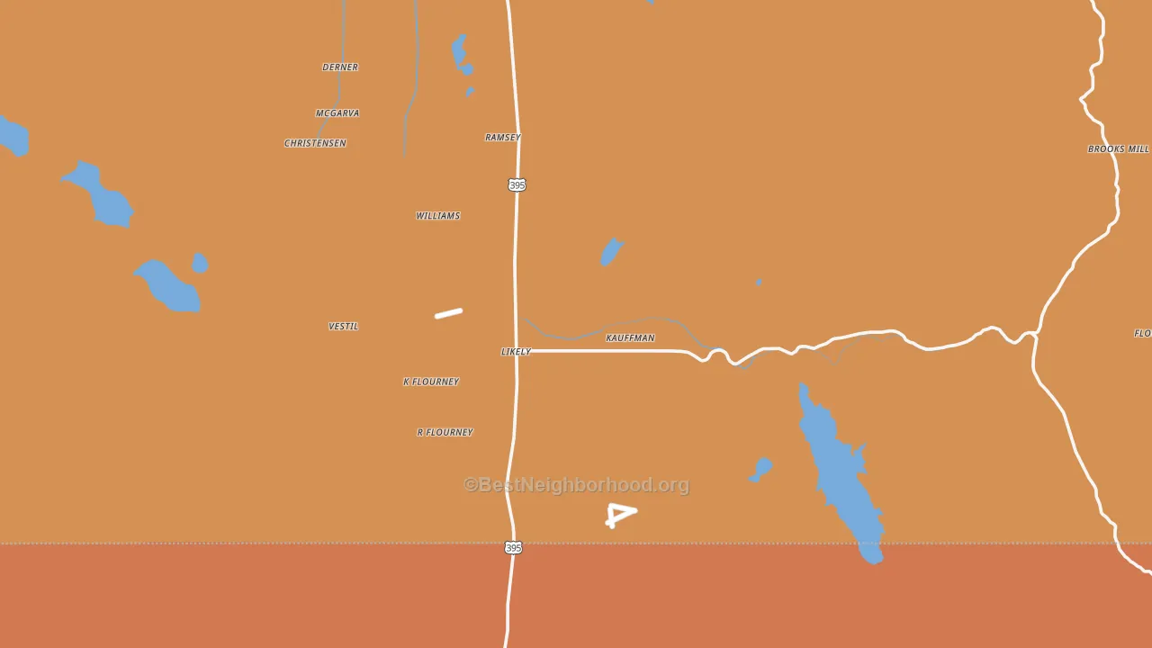 Map of the best neighborhoods in the Likely area, with better matches in green and worse matches in red