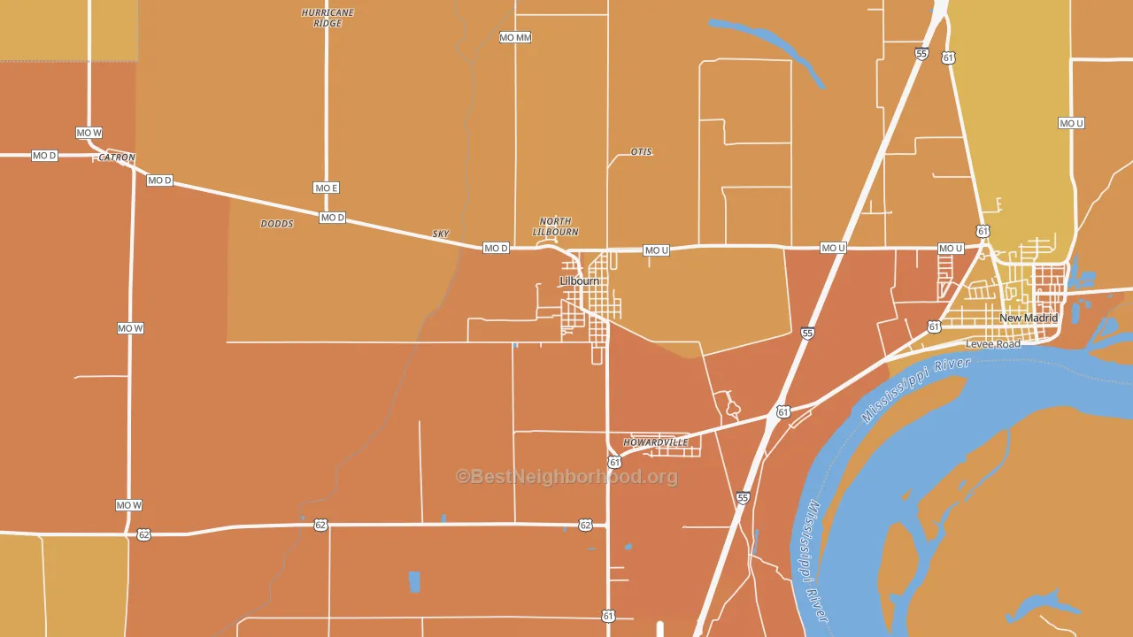 Map of the best neighborhoods in the Lilbourn area, with better matches in green and worse matches in red
