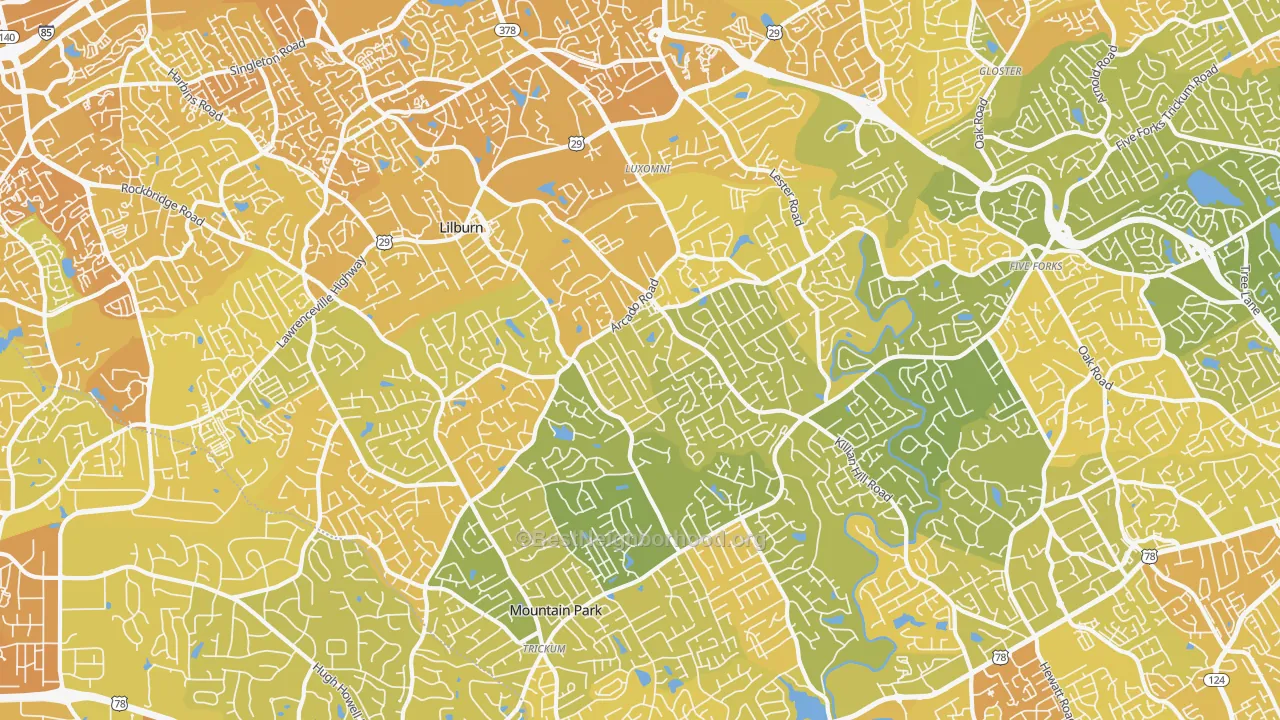 Map of the best neighborhoods in the Lilburn area, with better matches in green and worse matches in red