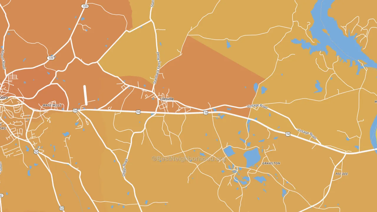 Map of the best neighborhoods in the Lilesville area, with better matches in green and worse matches in red